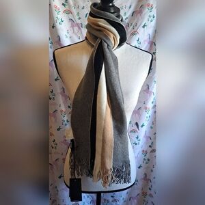NWT Boss Tan & Grey Stripe Wool Neutral Causal Unisex Preppy Scarf Wrap